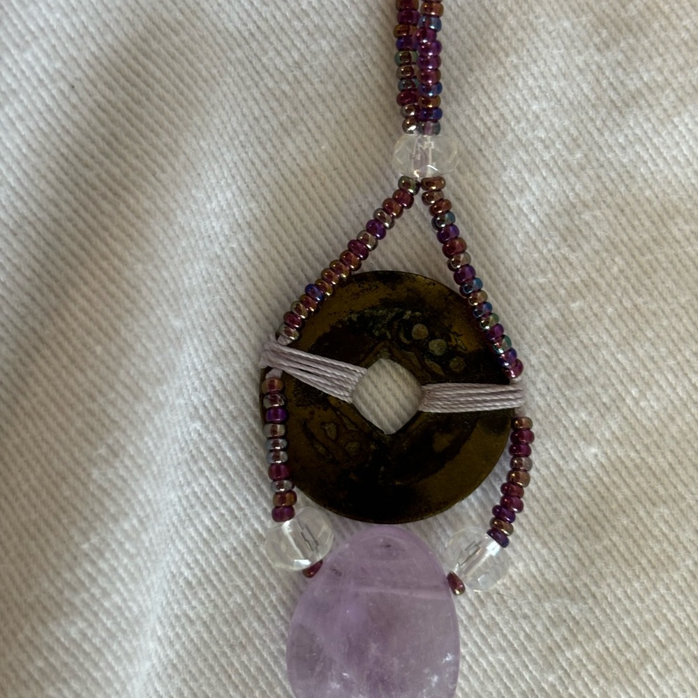 Energy Muse Brass Coin with Purple Beads, Thread and Pendant Stone - Picture 7 of 9